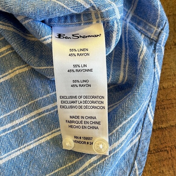 Ben Sherman Blue White Striped Linen Blend Shirt Medium NEW Summer - Picture 5 of 6